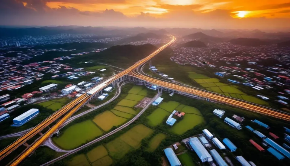 Illustration of a railway connecting urbans and suburbans.